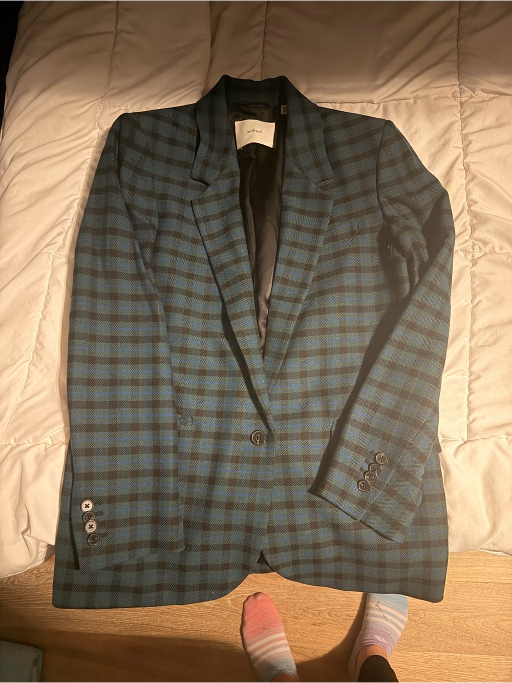 Wilfred Teal and Black Plaid Single-Button Blazer